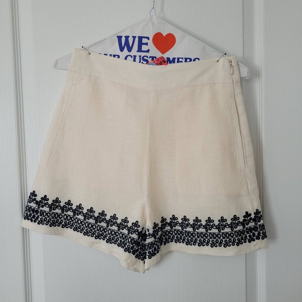 J. Crew Cream Shorts with Navy Embroidery